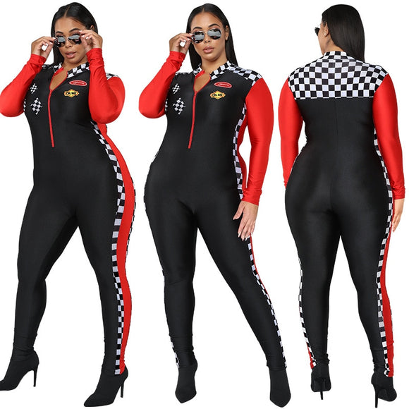 Contrast Colors Printing Long Sleeve Zipper Skinny One Piece Jumpsuits Outfits.