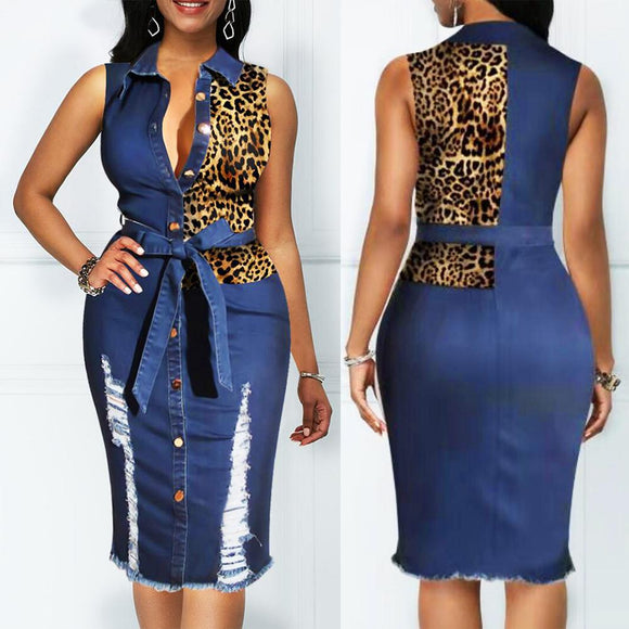 Leopard Patchwork Denim Midi Dress